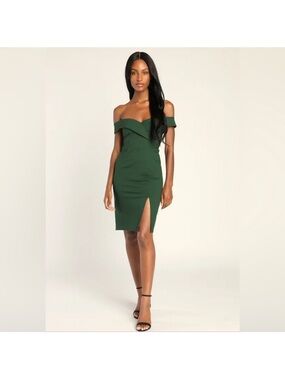 Lulus Off-Shoulder Forest Green Bodycon Dress with Front Slit